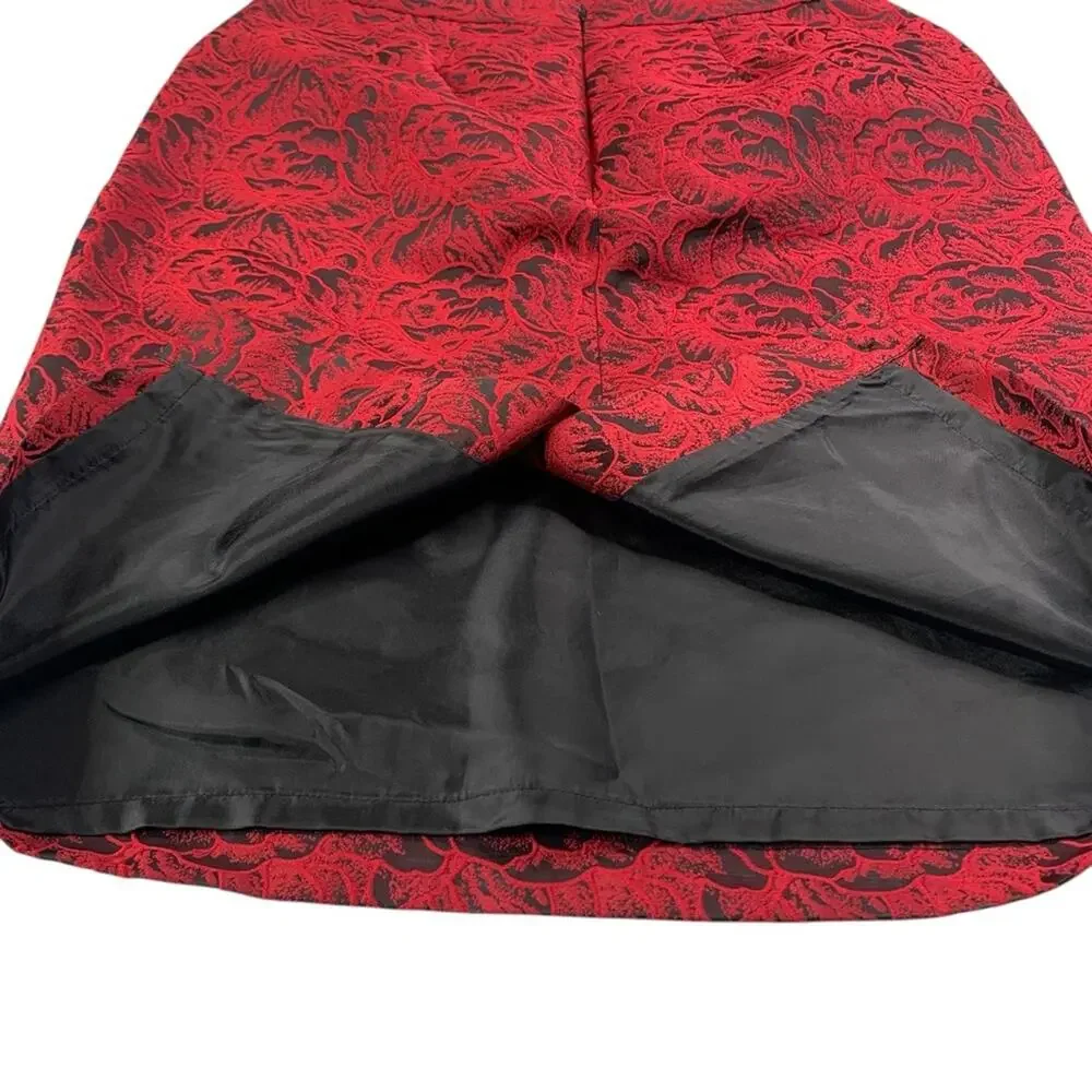 Calvin Klein Jacquard Roses Pencil Skirt 6 Black Red Dark Floral Vamp Party - Picture 6 of 12